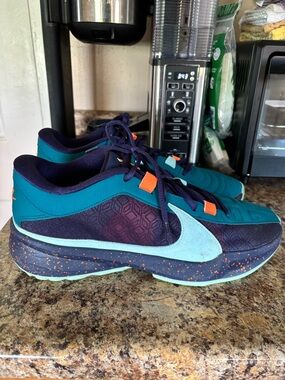 Nike Zoom Freak 5 Teal, Navy & Light Blue Athletic Sneakers with Orange Accents